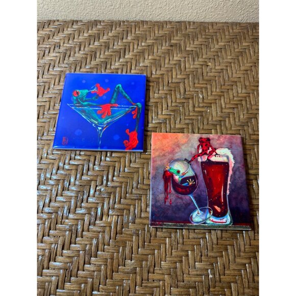Whimsical Frog Art Ceramic Coasters Set Of 2 - Picture 1 of 7